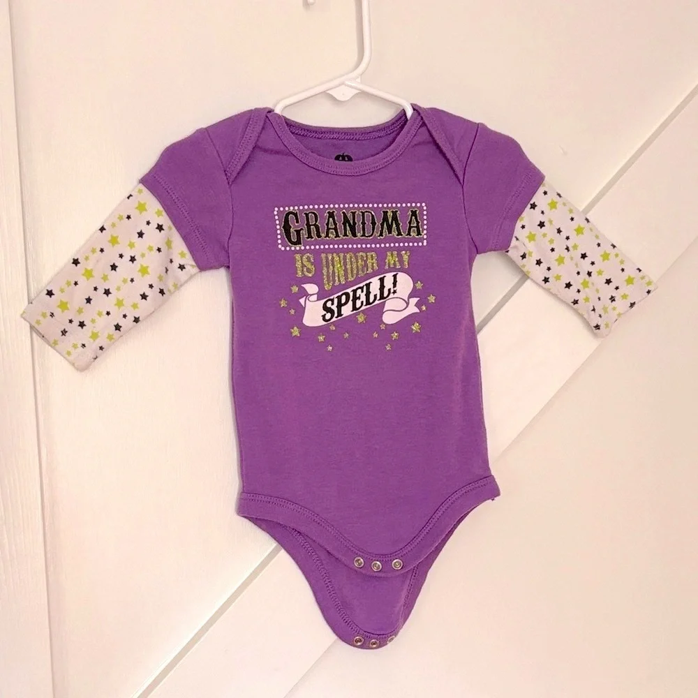 Grandma Is Under My Spell Halloween Theme Print Glitter Long Sleeve Snap Onesie